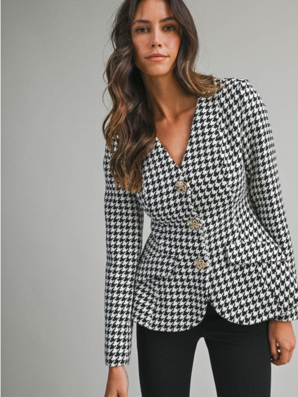 Black & White Houndstooth Tailored Blazer with Gold Buttons